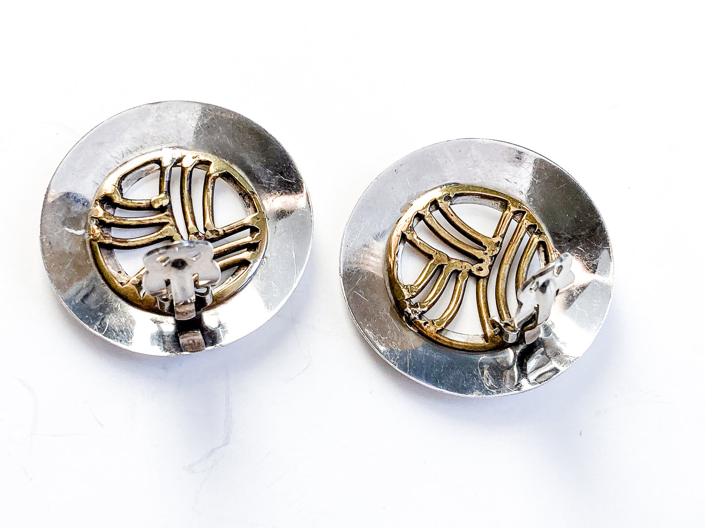 Vintage Sterling Silver Bronze Openwork Contrast Disc Clip On Earrings