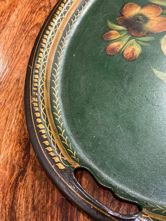 Vintage Emerald Green Painted Gilt Detail Floral Bouquet Oval Tole Tray