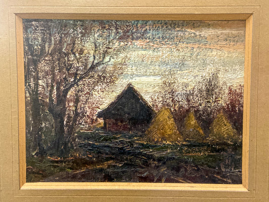Vintage Farmland Sunset Landscape Signed Lower Right Framed Oil Painting