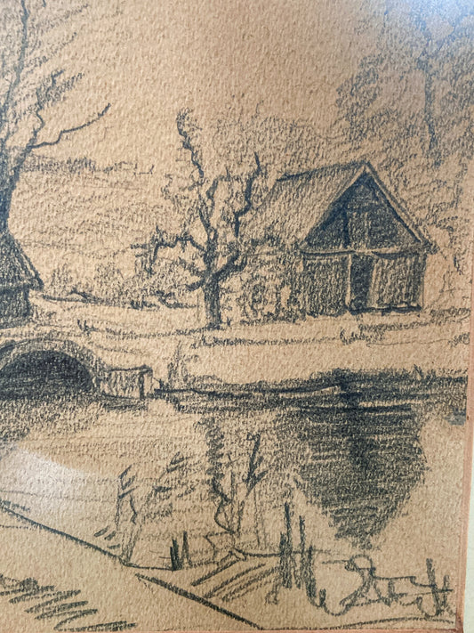 Vintage German River Bridge Farm Framed Landscape Graphite Drawing