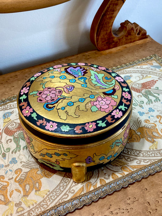 Vintage Gilded Colorful Deco Style Pattern Satsuma Footed Ceramic Jar