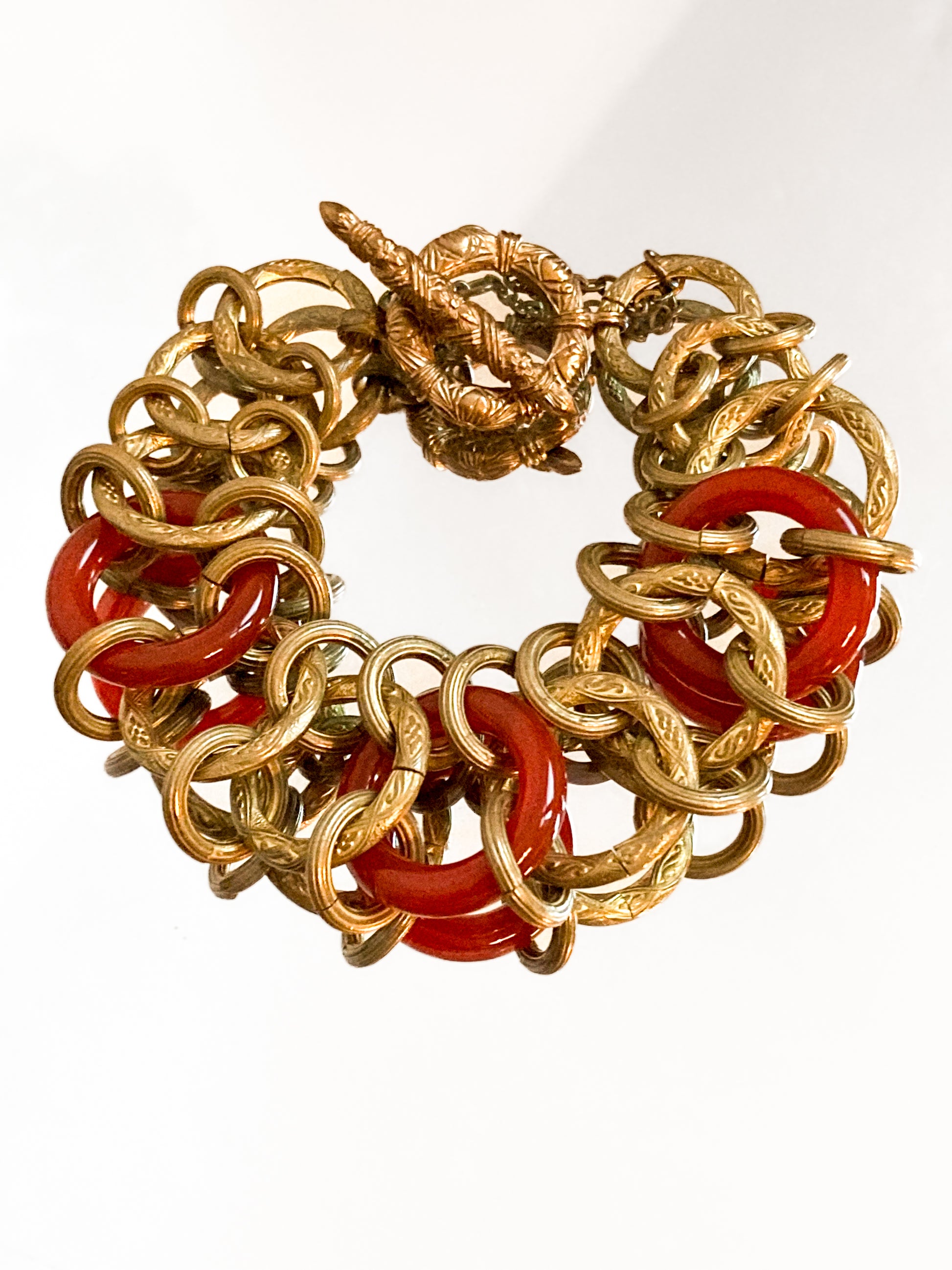 Vintage Gold Toned Circular Rust Red Lucite Stone Chain Link Bracelet Stephen Dweck
