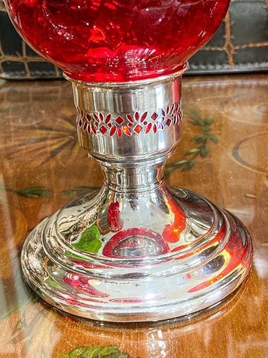 Pair Vintage Gorham Sterling Silver Red Swirl Glass Hurricane Shade Candlesticks
