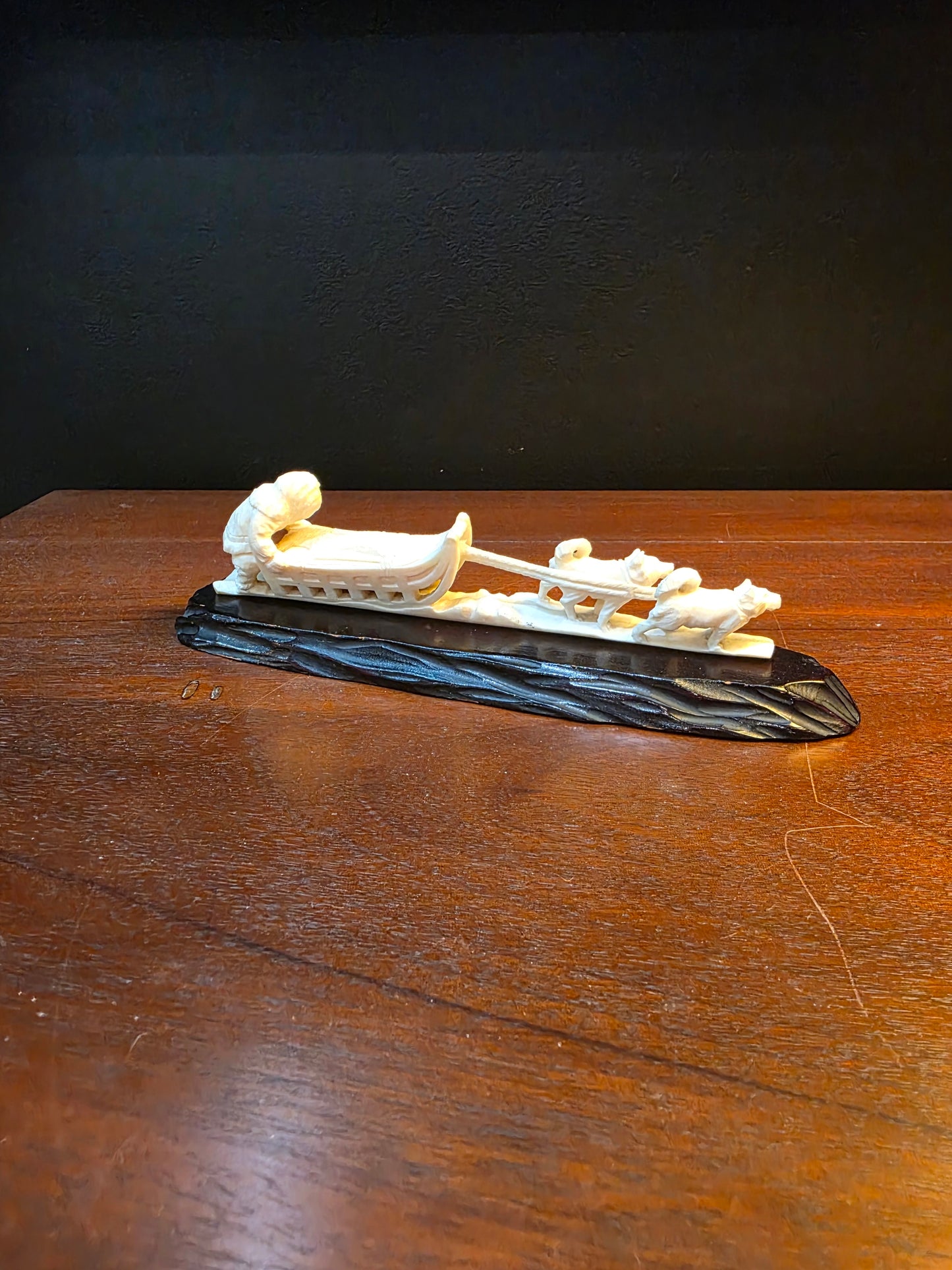 Vintage Hand Carved Bone Inuit Figure Sleigh Dogs Miniature Sculpture on Base