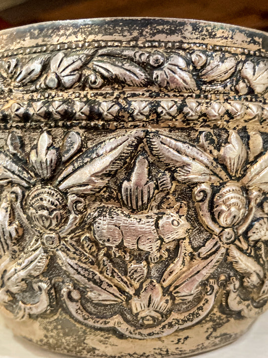 Vintage Handmade Animal Motif Burmese Silver Repoussé Bowl