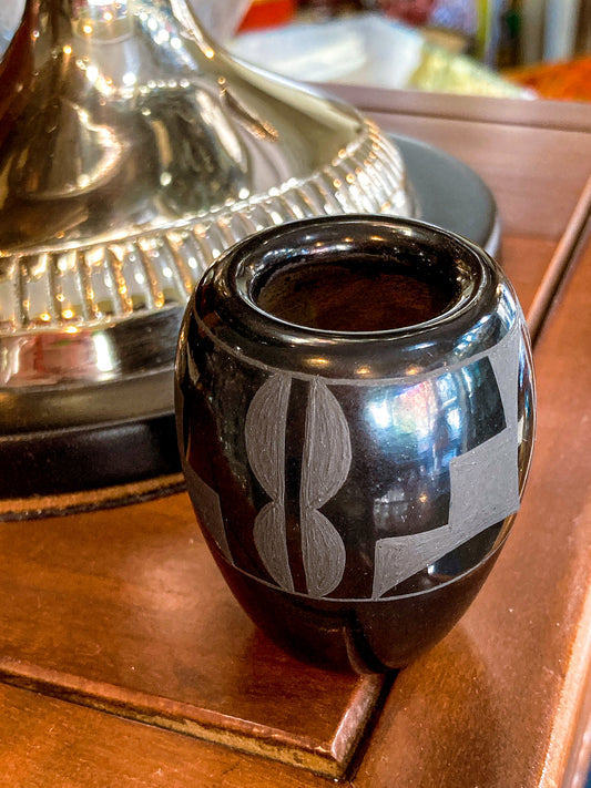 Vintage Harriet Tafoya Santa Clara Handmade Mini Black Pottery Vase