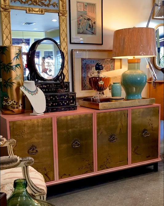 Vintage Hollywood Regency Renzo Rutili Pink Gold Johnson Furniture Credenza Cabinet