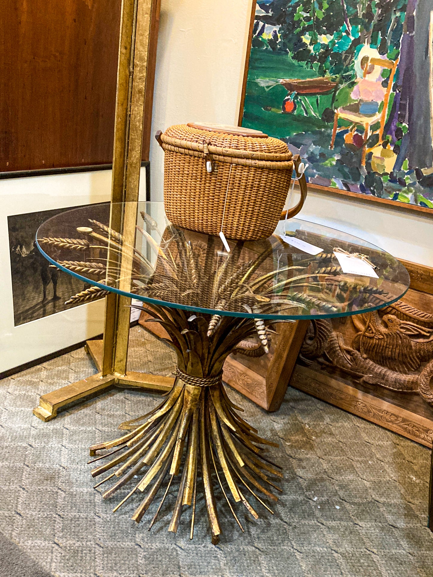 Vintage Italian Hollywood Regency Gold Metal Wheat Sheaf Glass Top Side Table