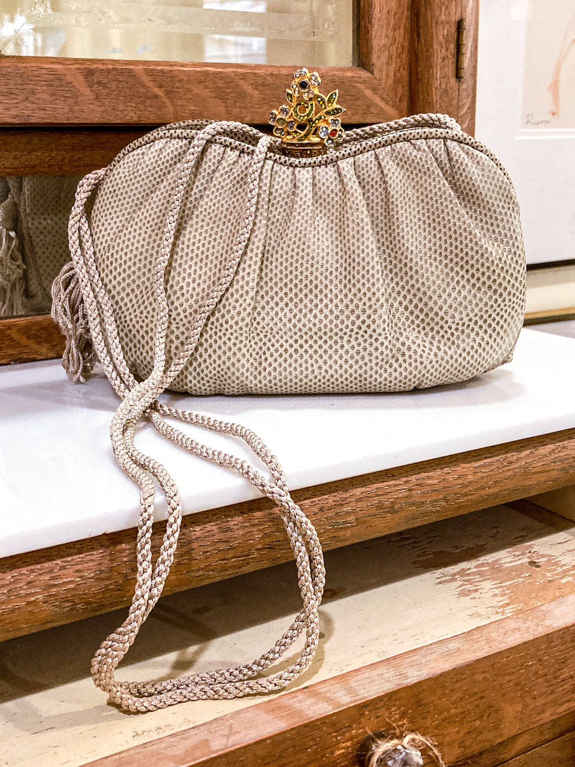 Vintage Judith Leiber Champagne Snakeskin Floral Crossbody Clutch