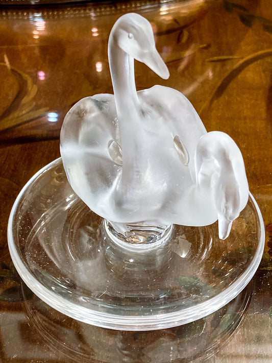 Vintage Lalique France Clear Frosted Crystal Two Swans Ring Dish
