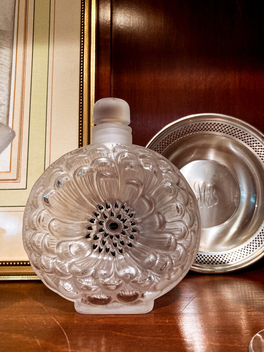 Vintage Large Lalique Dahlia Flower Frosted Crystal Scent Perfume Bottle