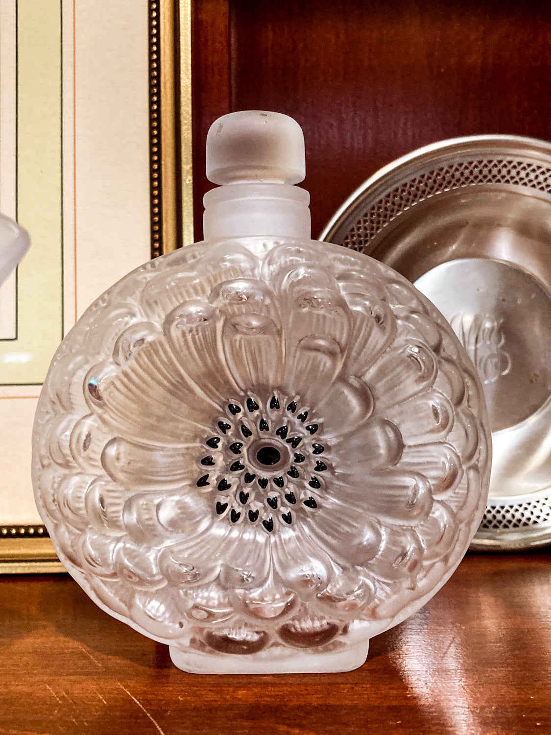 Vintage Large Lalique Dahlia Flower Frosted Crystal Scent Perfume Bottle