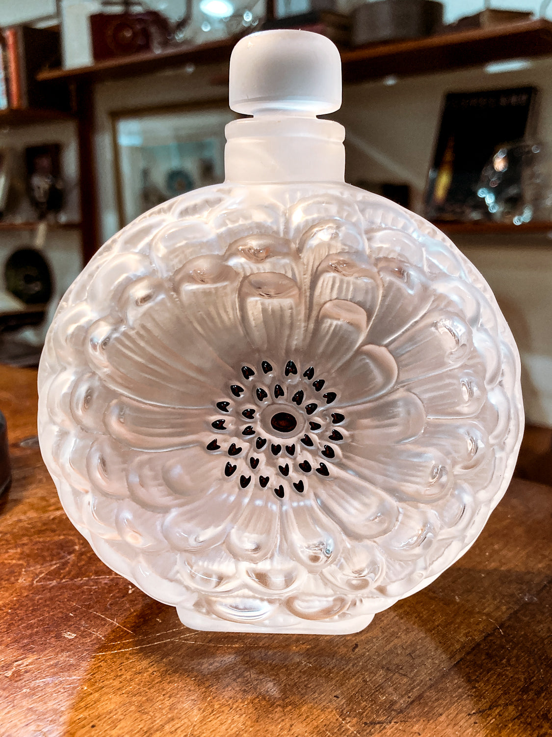 Vintage Large Lalique Dahlia Flower Frosted Crystal Scent Perfume Bottle