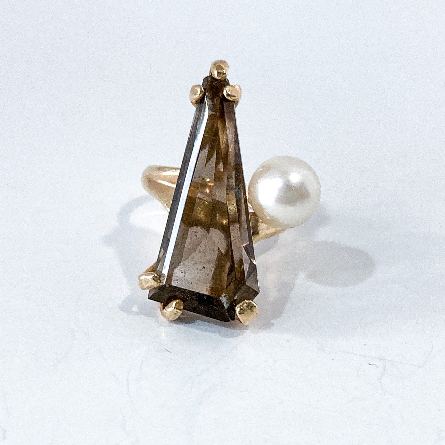 Vintage MCM 14K Yellow Gold Smokey Topaz Cultured Pearl Abstract Ring