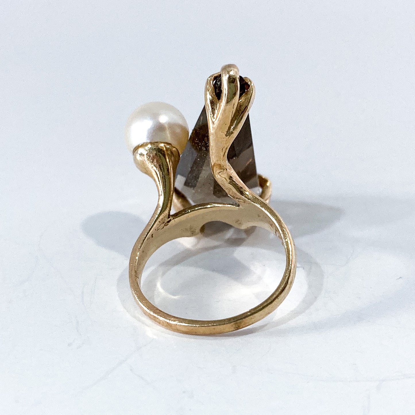 Vintage MCM 14K Yellow Gold Smokey Topaz Cultured Pearl Abstract Ring