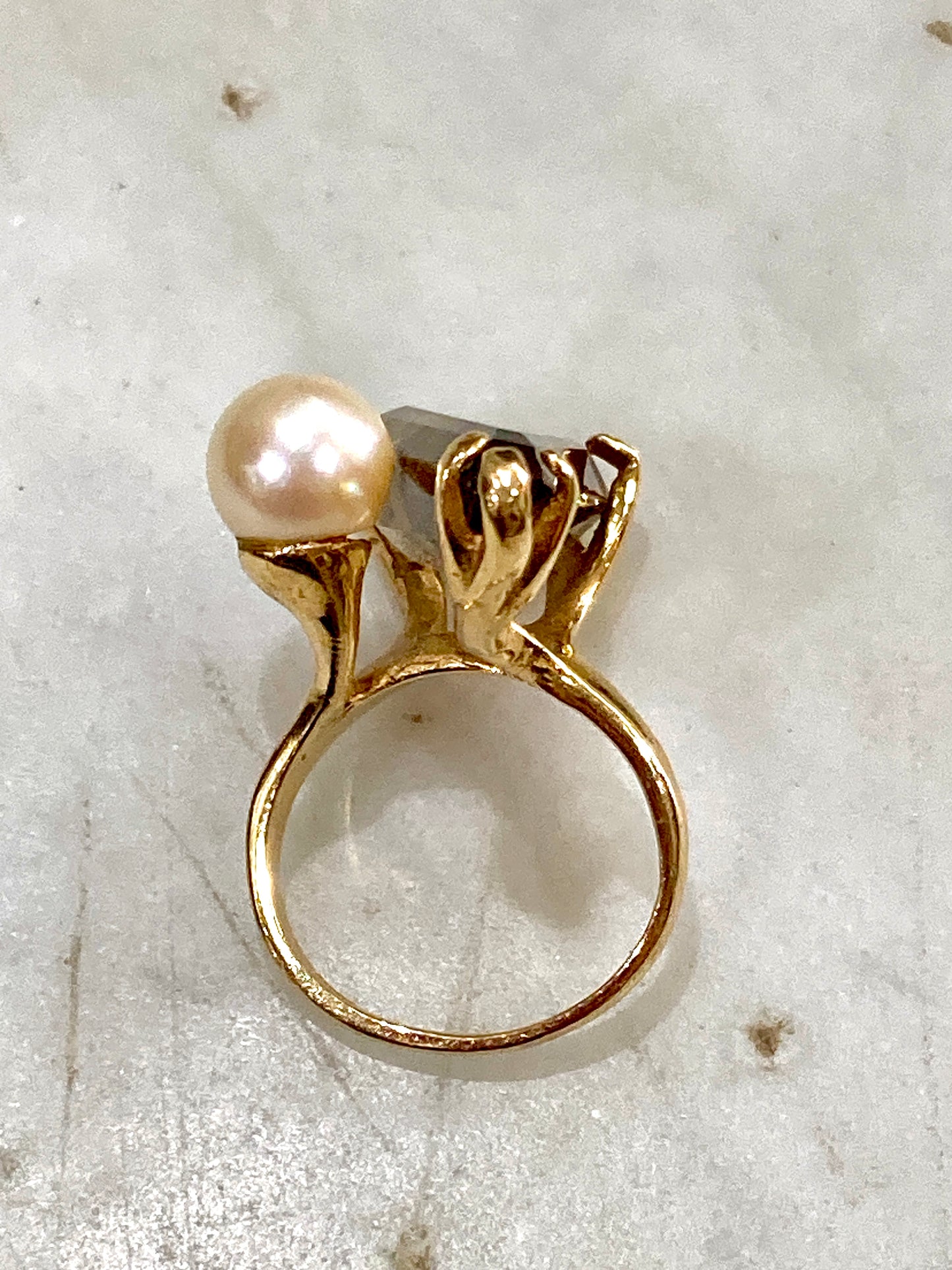 Vintage MCM 14K Yellow Gold Smokey Topaz Cultured Pearl Abstract Ring