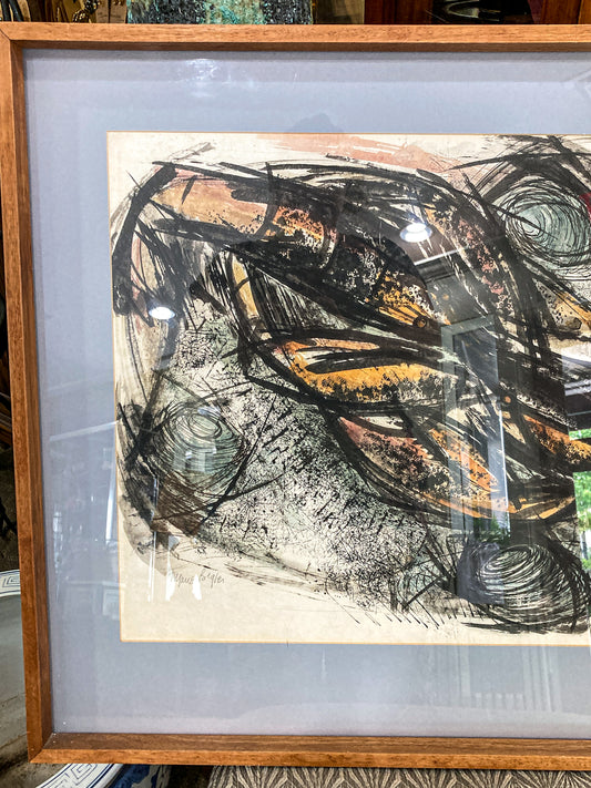 Vintage MCM Gestural Abstract Expressive Mixed Media Framed Paper Drawing