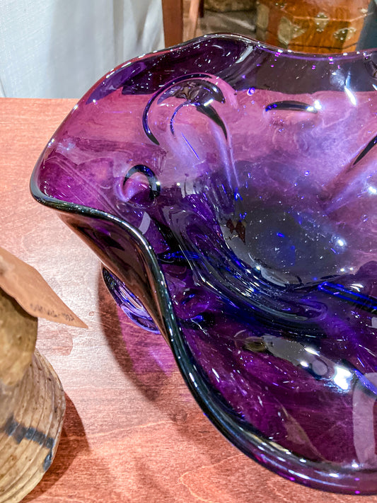 Vintage Midcentury Modern Handblown Purple Glass Asymmetric Bowl