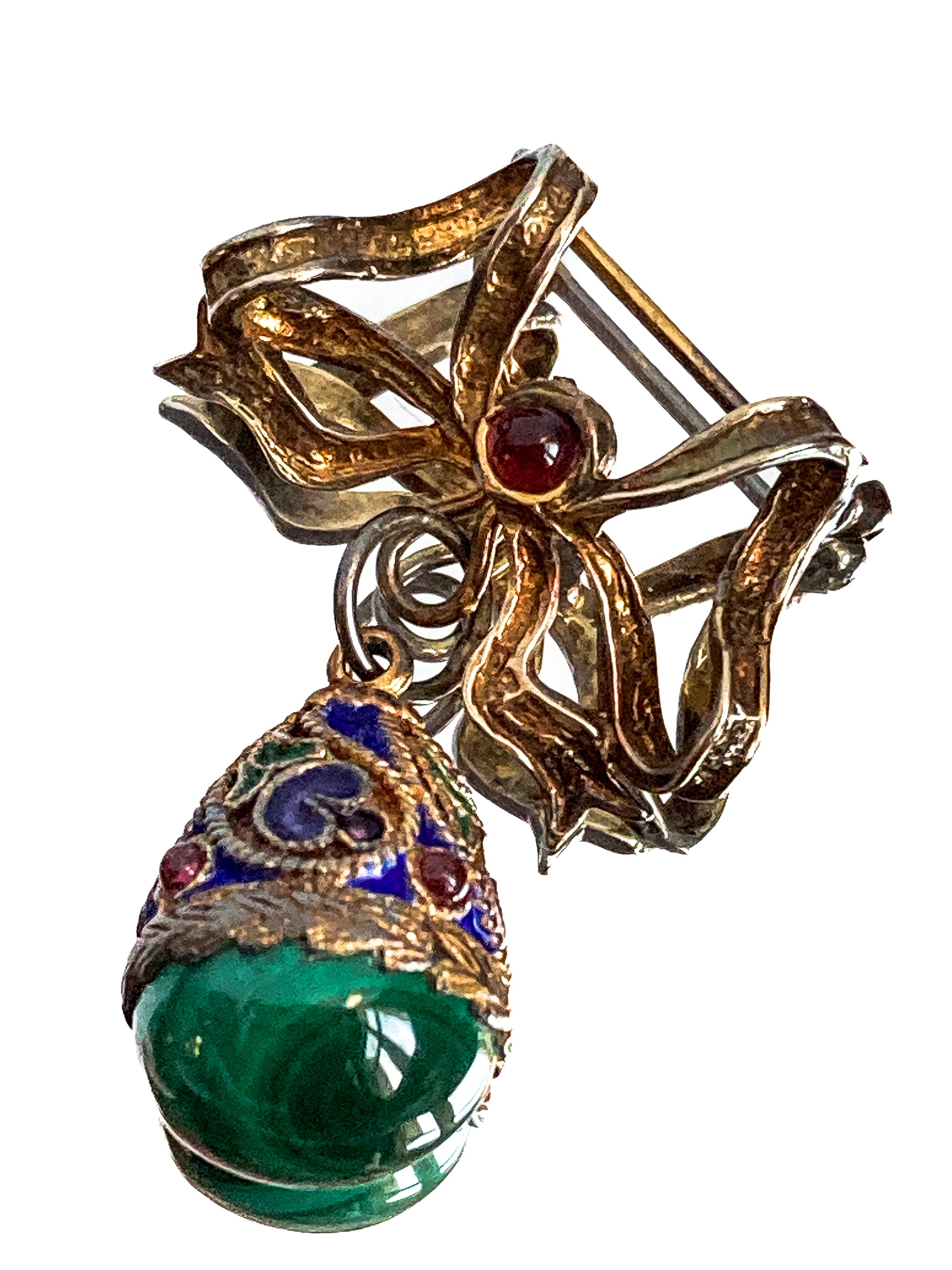 Edwardian Faberge Style Enameled Malachite Egg Drop Bow Watch Fob Brooch Pin