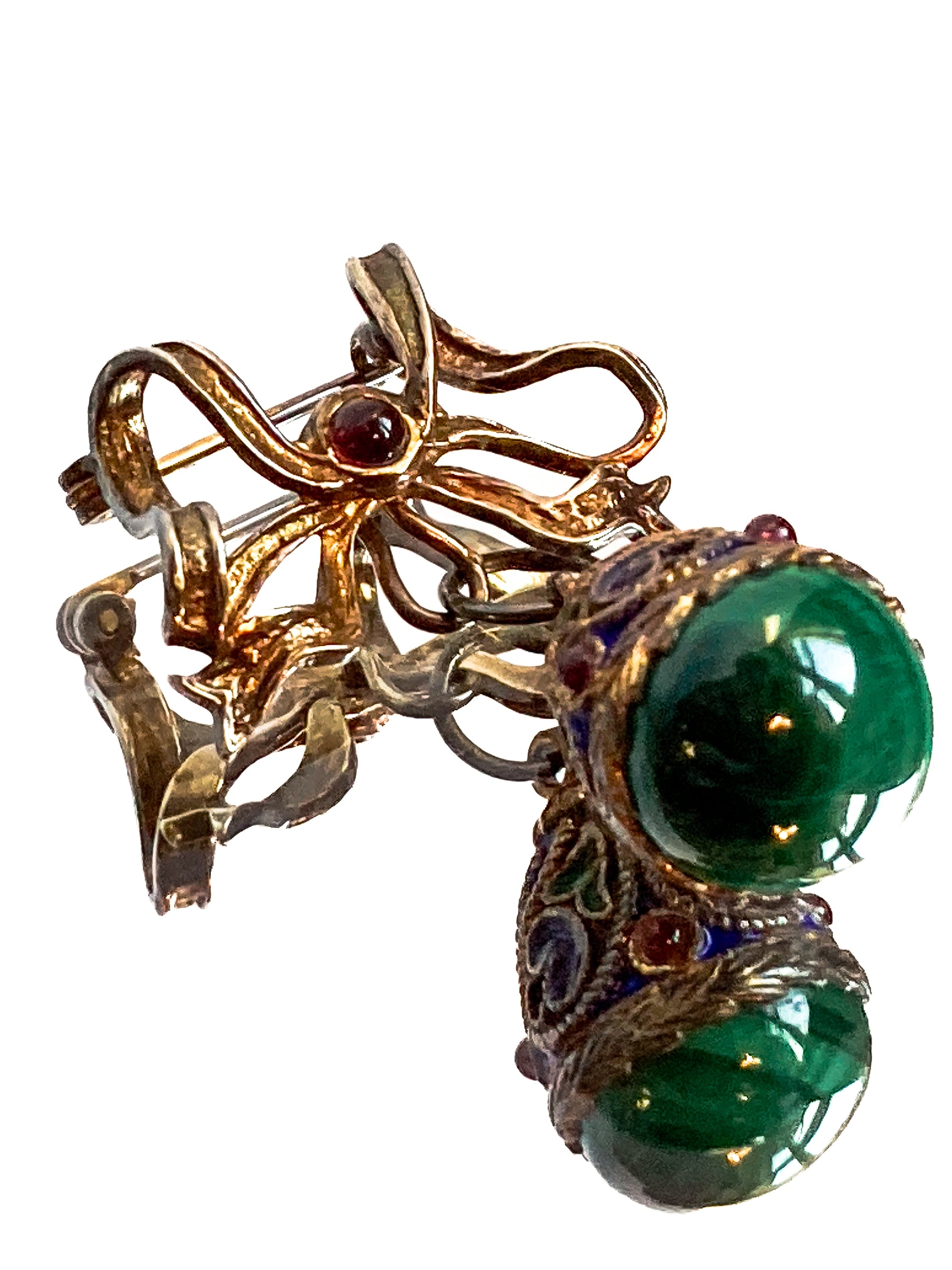 Edwardian Faberge Style Enameled Malachite Egg Drop Bow Watch Fob Brooch Pin