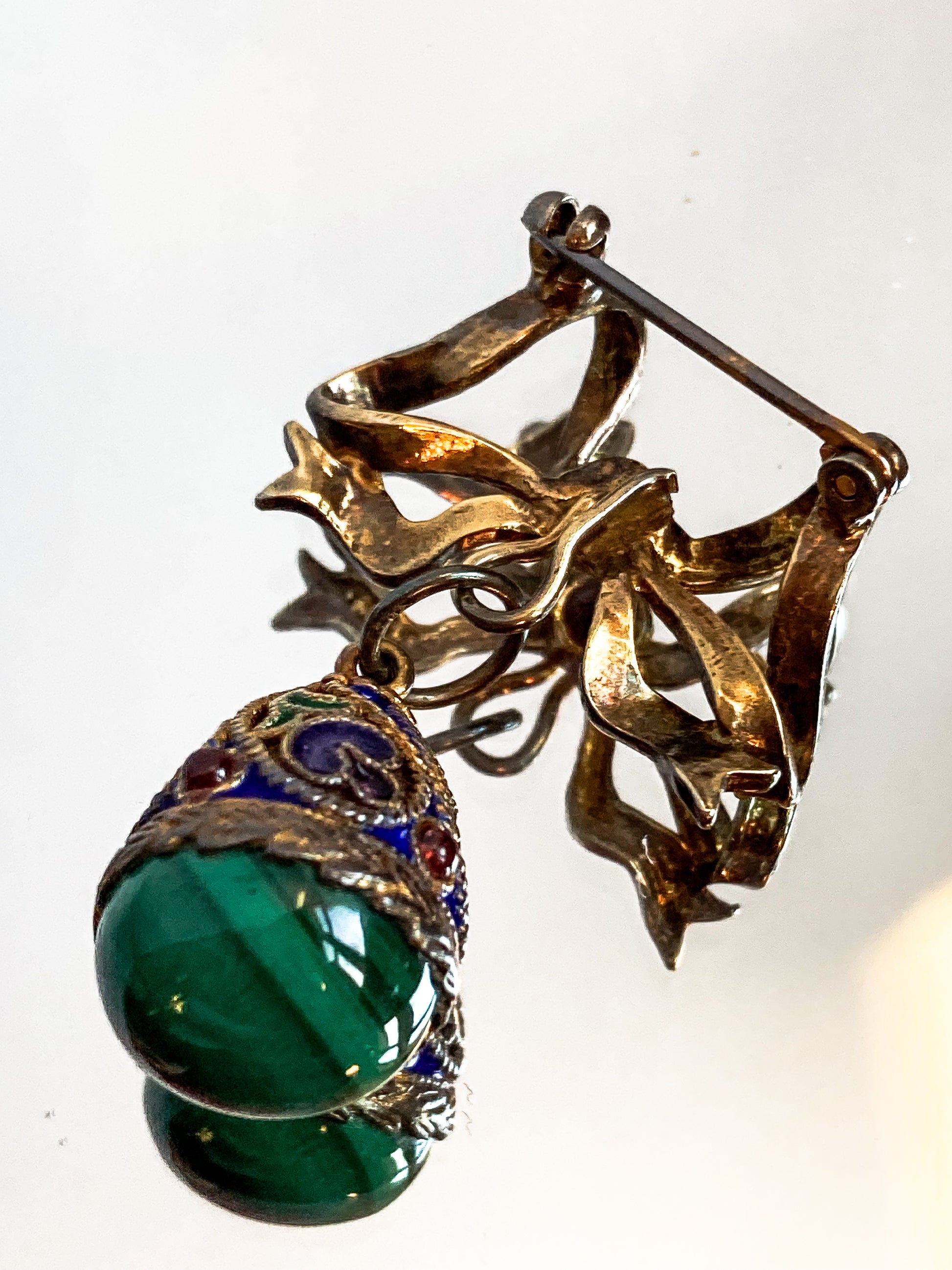 Edwardian Faberge Style Enameled Malachite Egg Drop Bow Watch Fob Brooch Pin
