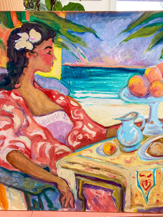 Vintage Matisse Style Colorful Ocean Side Portrait Canvas Acrylic Painting