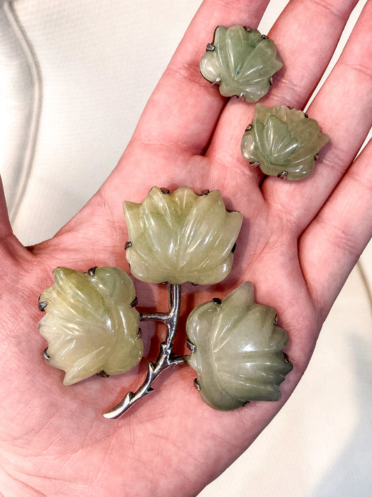 Vintage Mexico Sterling Silver Nephrite Flower Large Brooch Earring Set