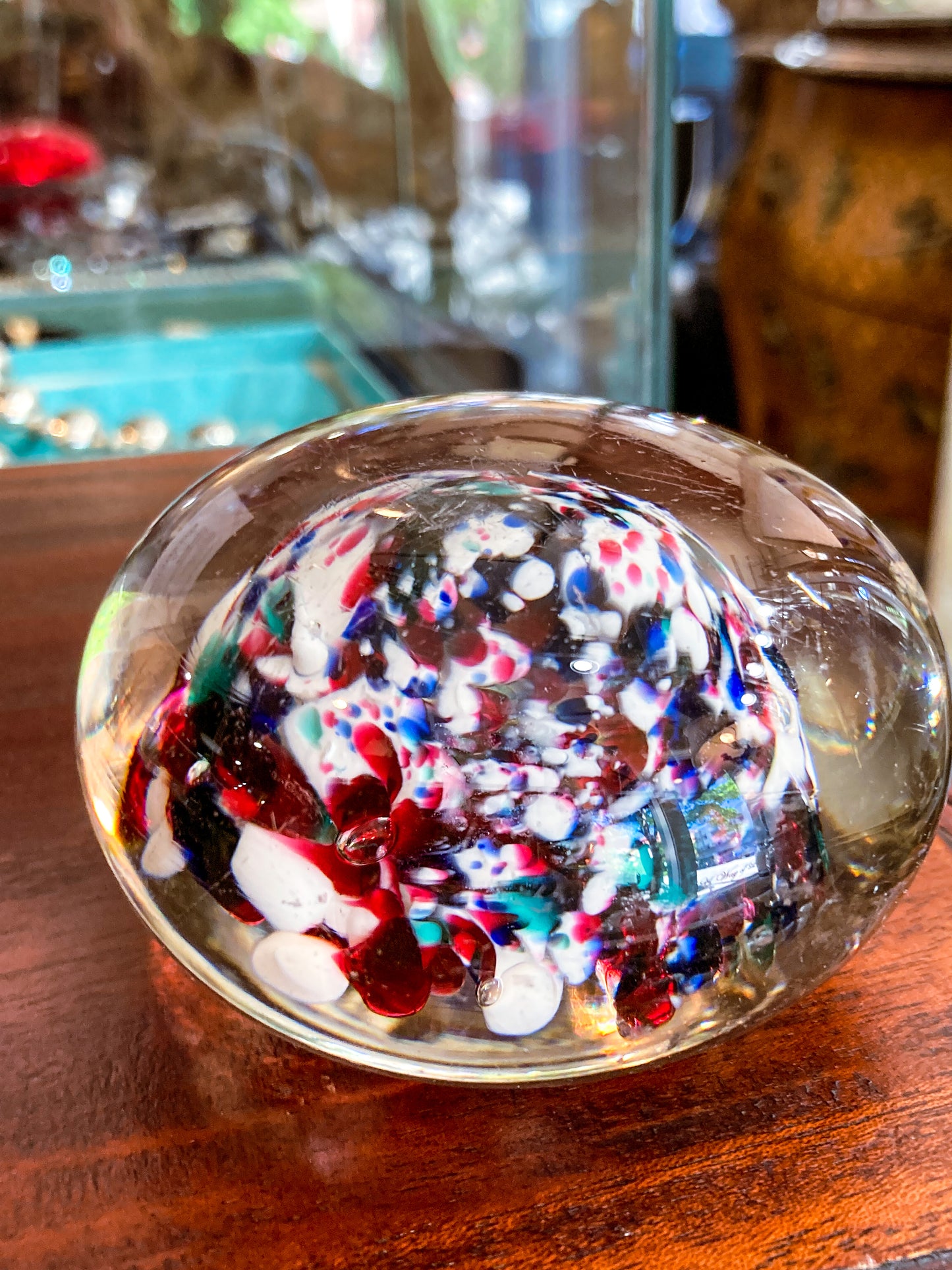 Vintage Multicolor Red White Blue Green Clear Bubble Glass Paperweight