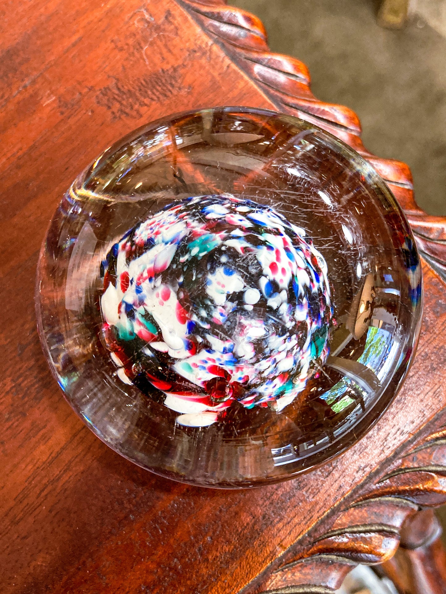 Vintage Multicolor Red White Blue Green Clear Bubble Glass Paperweight