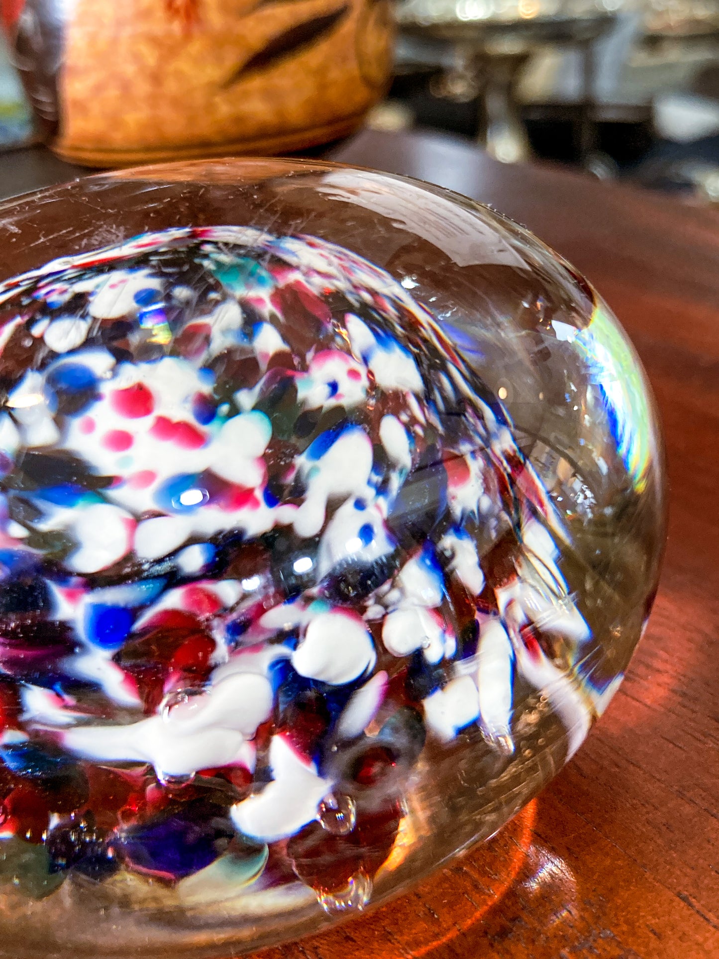 Vintage Multicolor Red White Blue Green Clear Bubble Glass Paperweight
