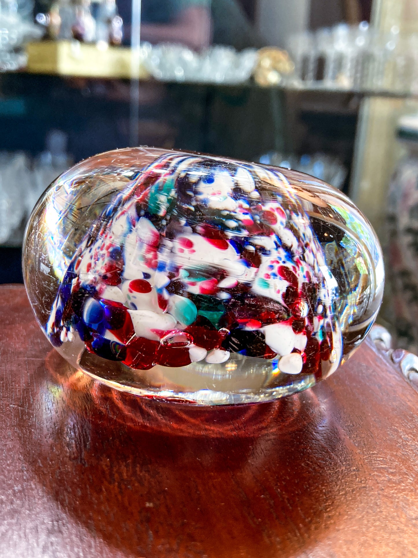 Vintage Multicolor Red White Blue Green Clear Bubble Glass Paperweight