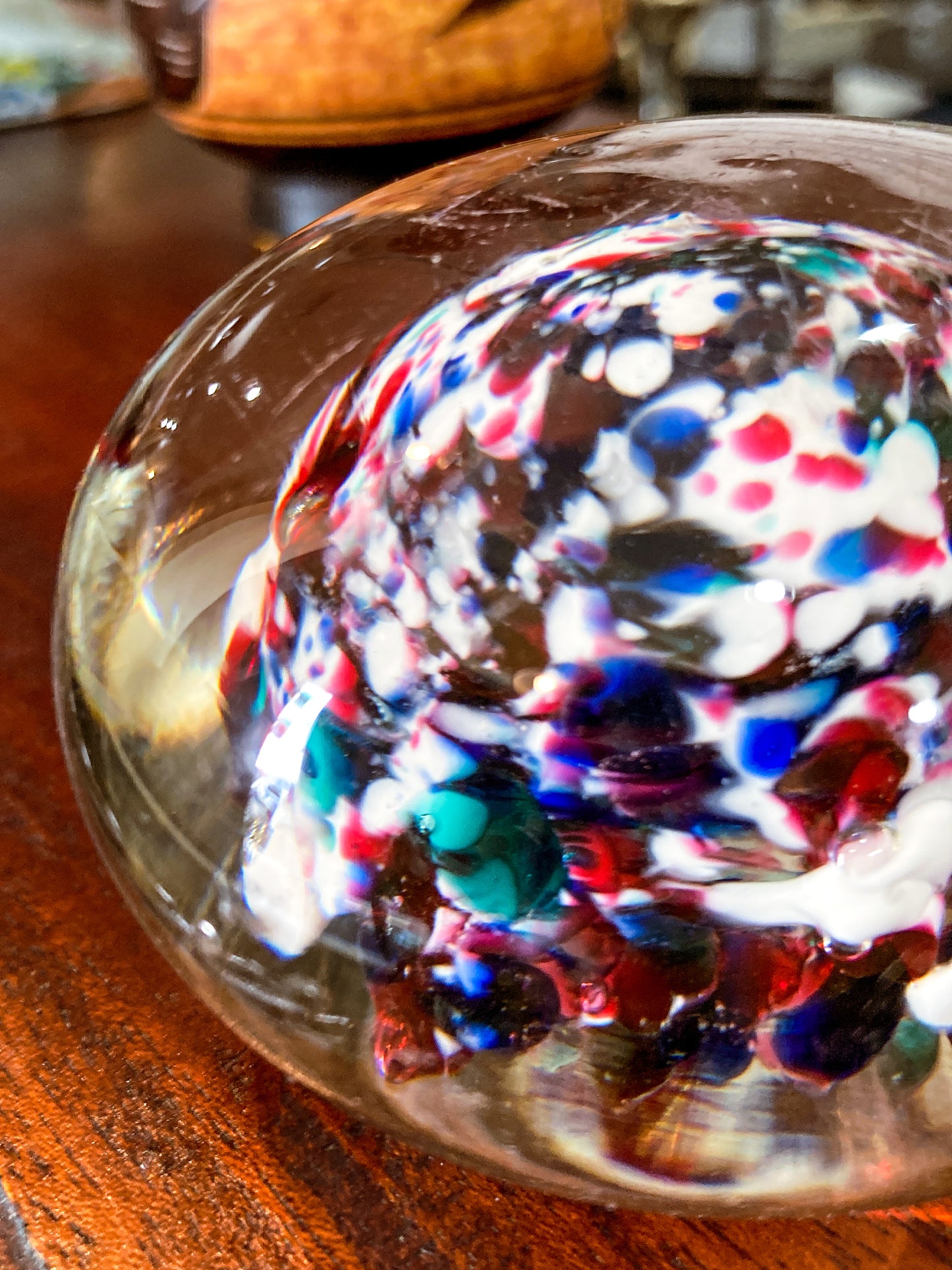 Vintage Multicolor Red White Blue Green Clear Bubble Glass Paperweight