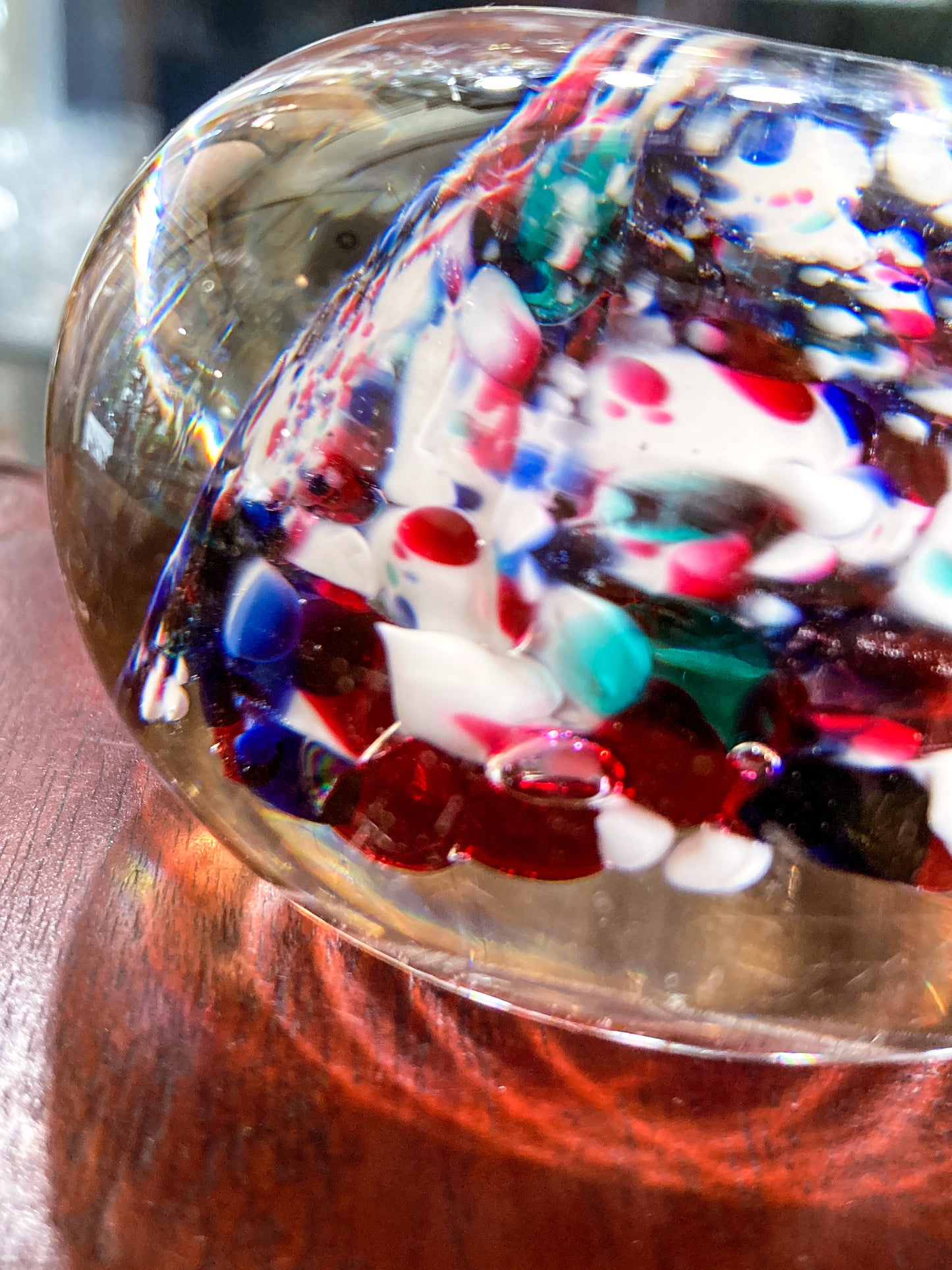 Vintage Multicolor Red White Blue Green Clear Bubble Glass Paperweight