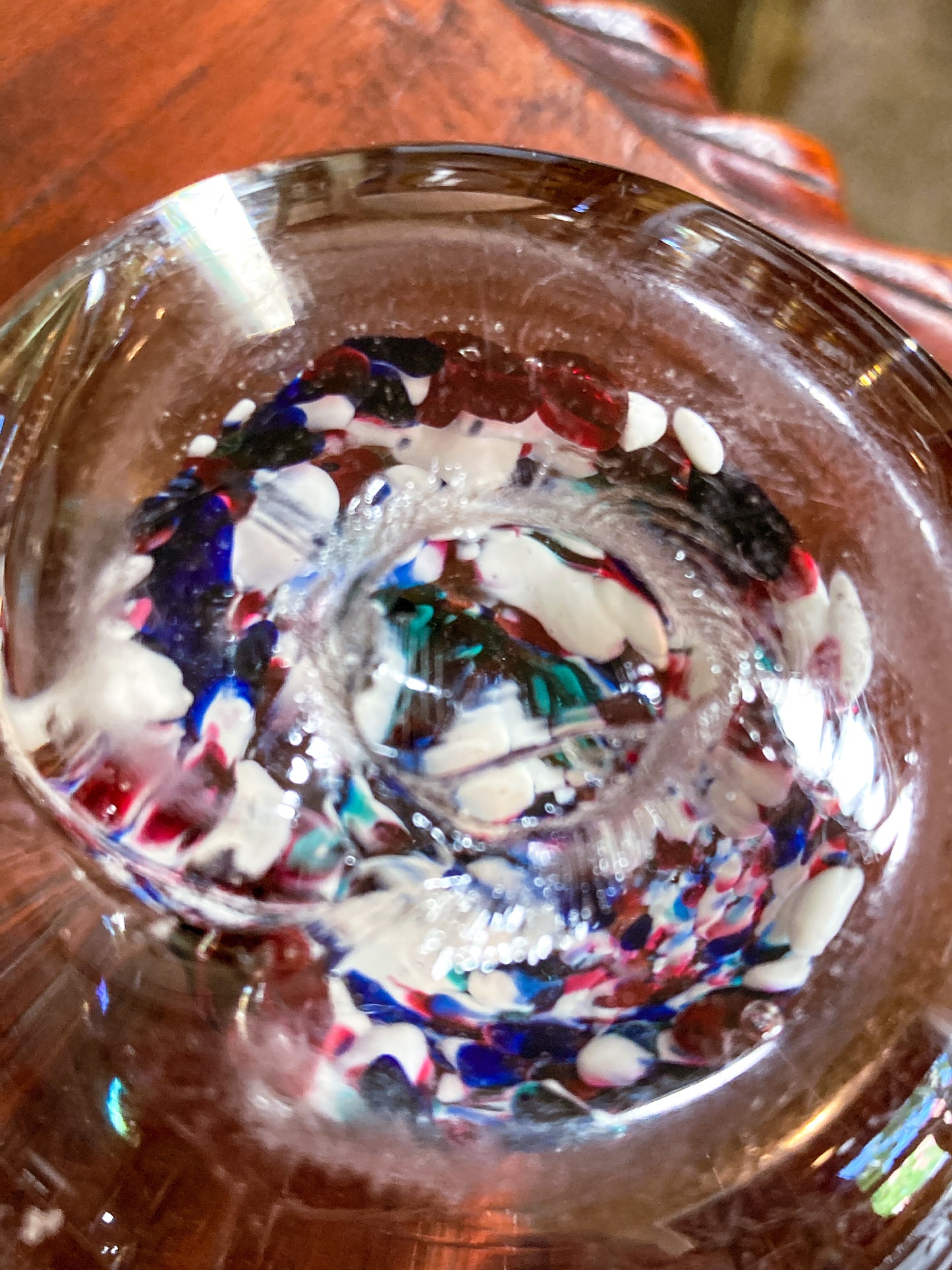 Vintage Multicolor Red White Blue Green Clear Bubble Glass Paperweight Bottom