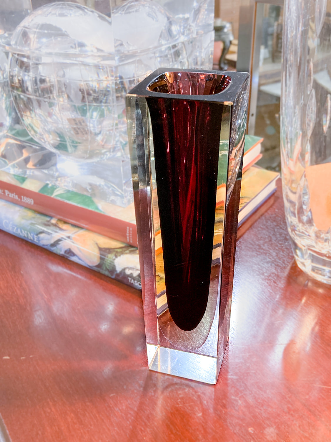 Murano Sommerso V. Nason Italian Rectangular Wine Red Glass Bud Vase