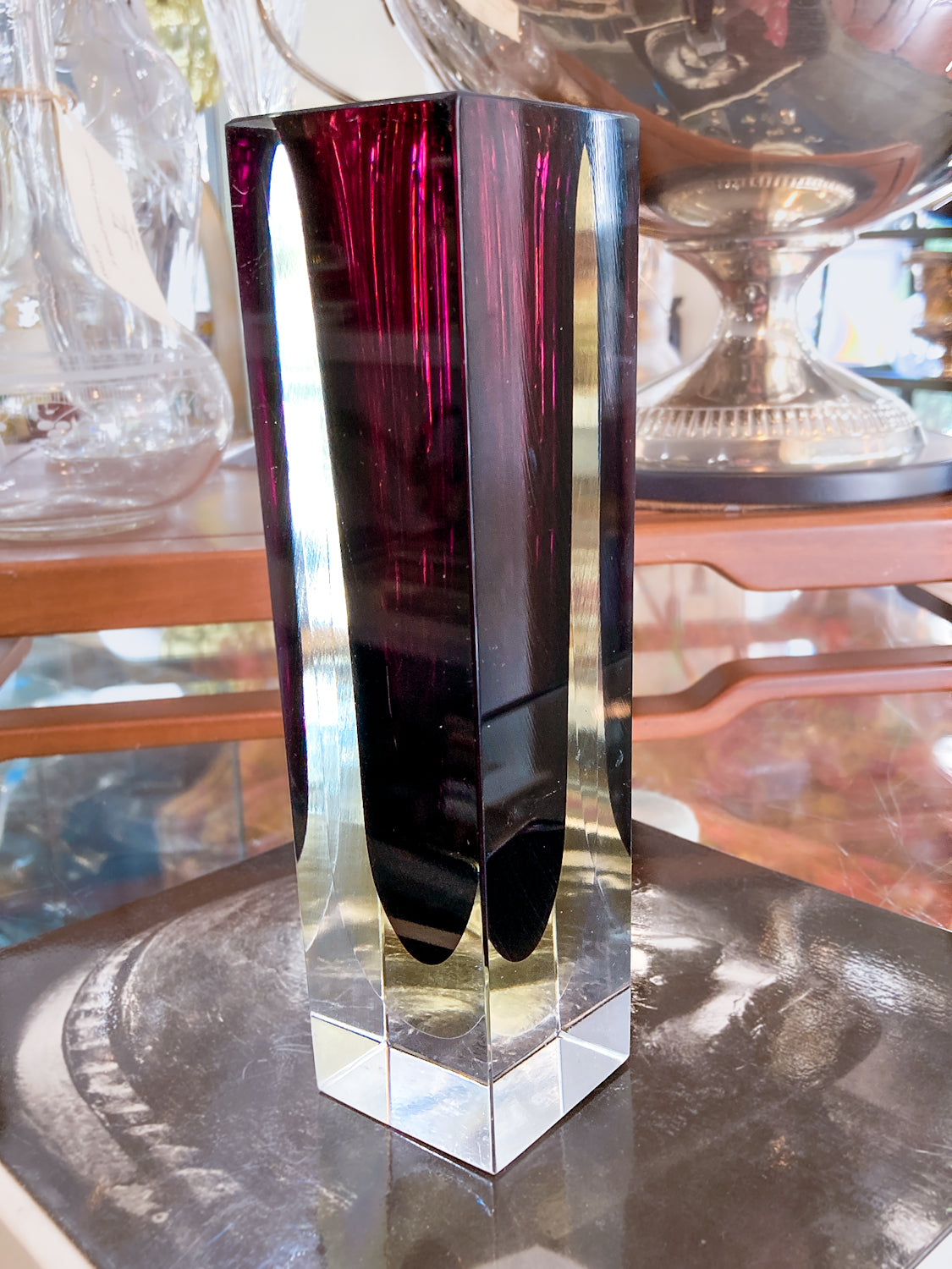 Murano Sommerso V. Nason Italian Rectangular Wine Red Glass Bud Vase