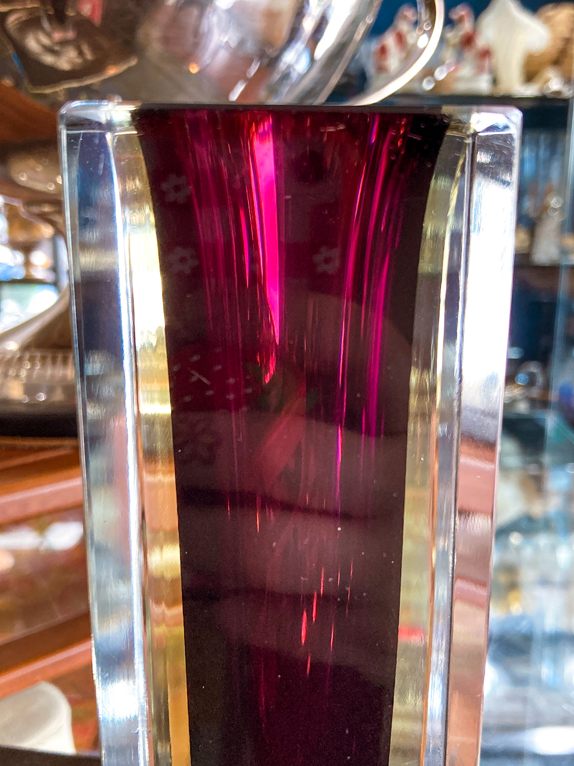 Murano Sommerso V. Nason Italian Rectangular Wine Red Glass Bud Vase