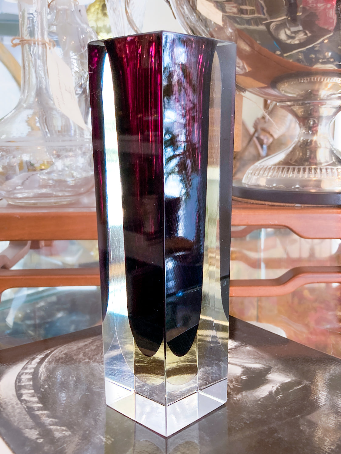 Murano Sommerso V. Nason Italian Rectangular Wine Red Glass Bud Vase