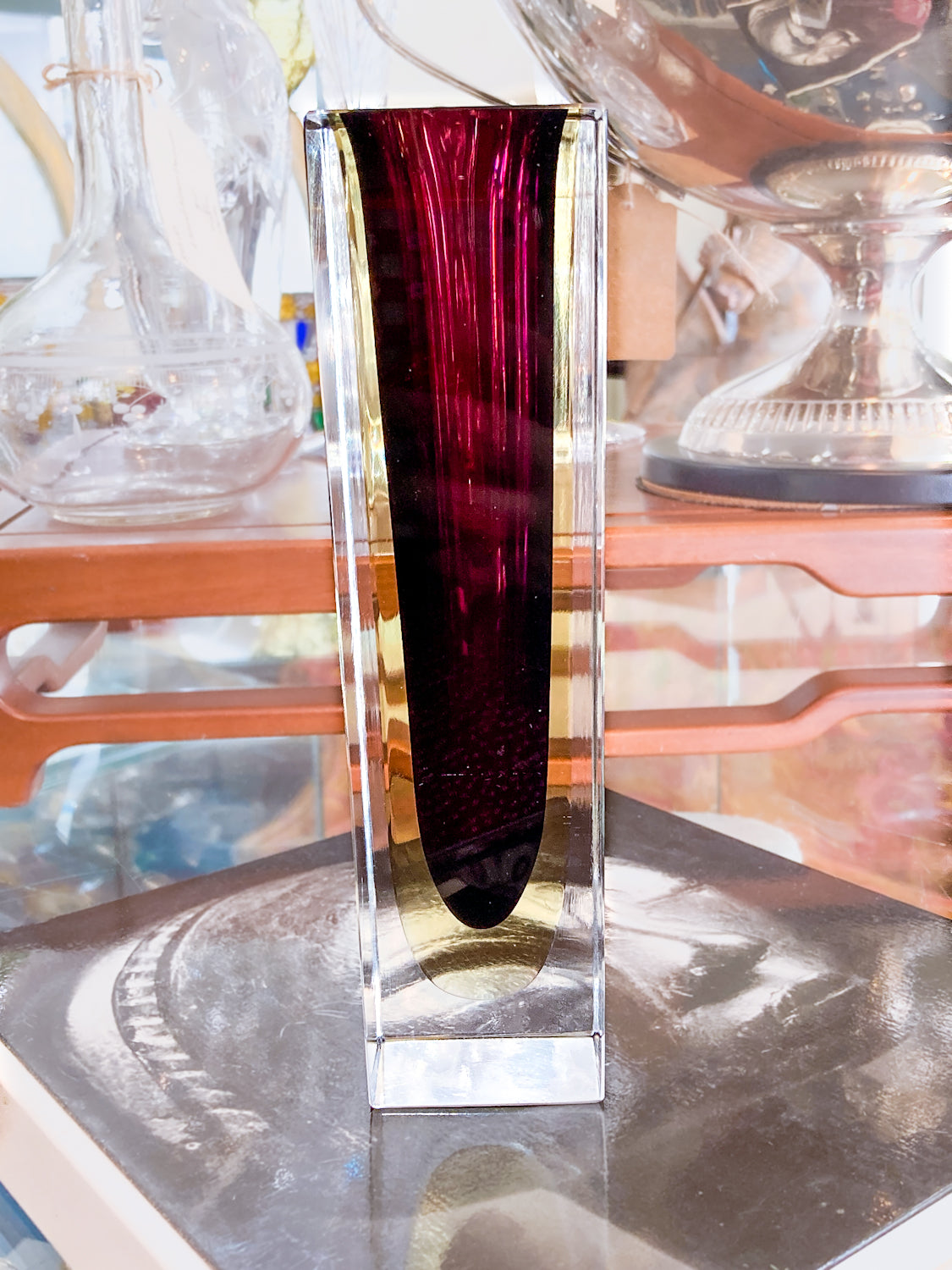 Murano Sommerso V. Nason Italian Rectangular Wine Red Glass Bud Vase