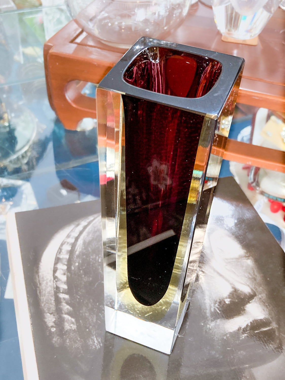 Murano Sommerso V. Nason Italian Rectangular Wine Red Glass Bud Vase