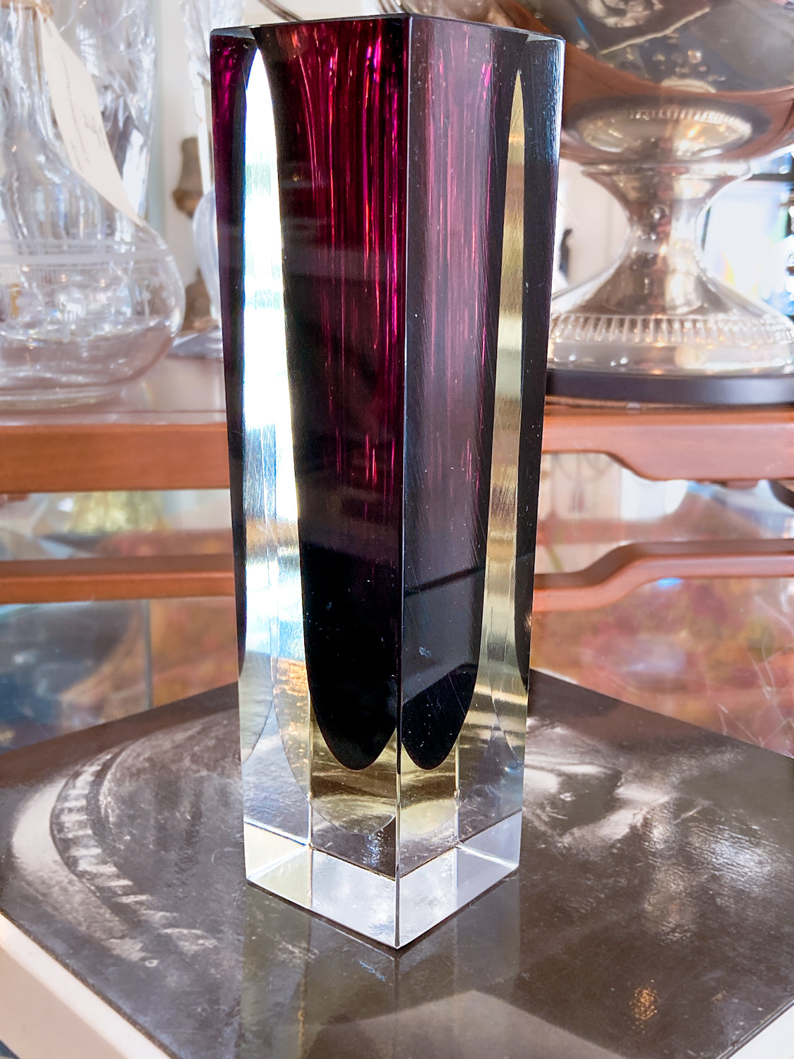 Murano Sommerso V. Nason Italian Rectangular Wine Red Glass Bud Vase