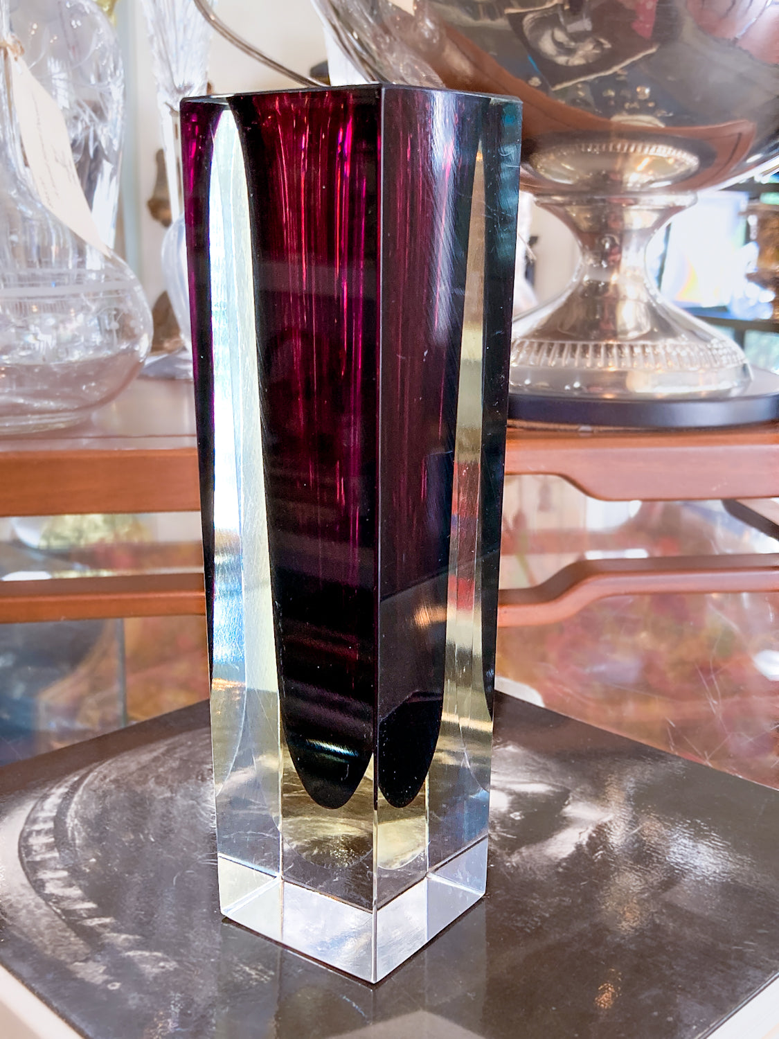 Murano Sommerso V. Nason Italian Rectangular Wine Red Glass Bud Vase