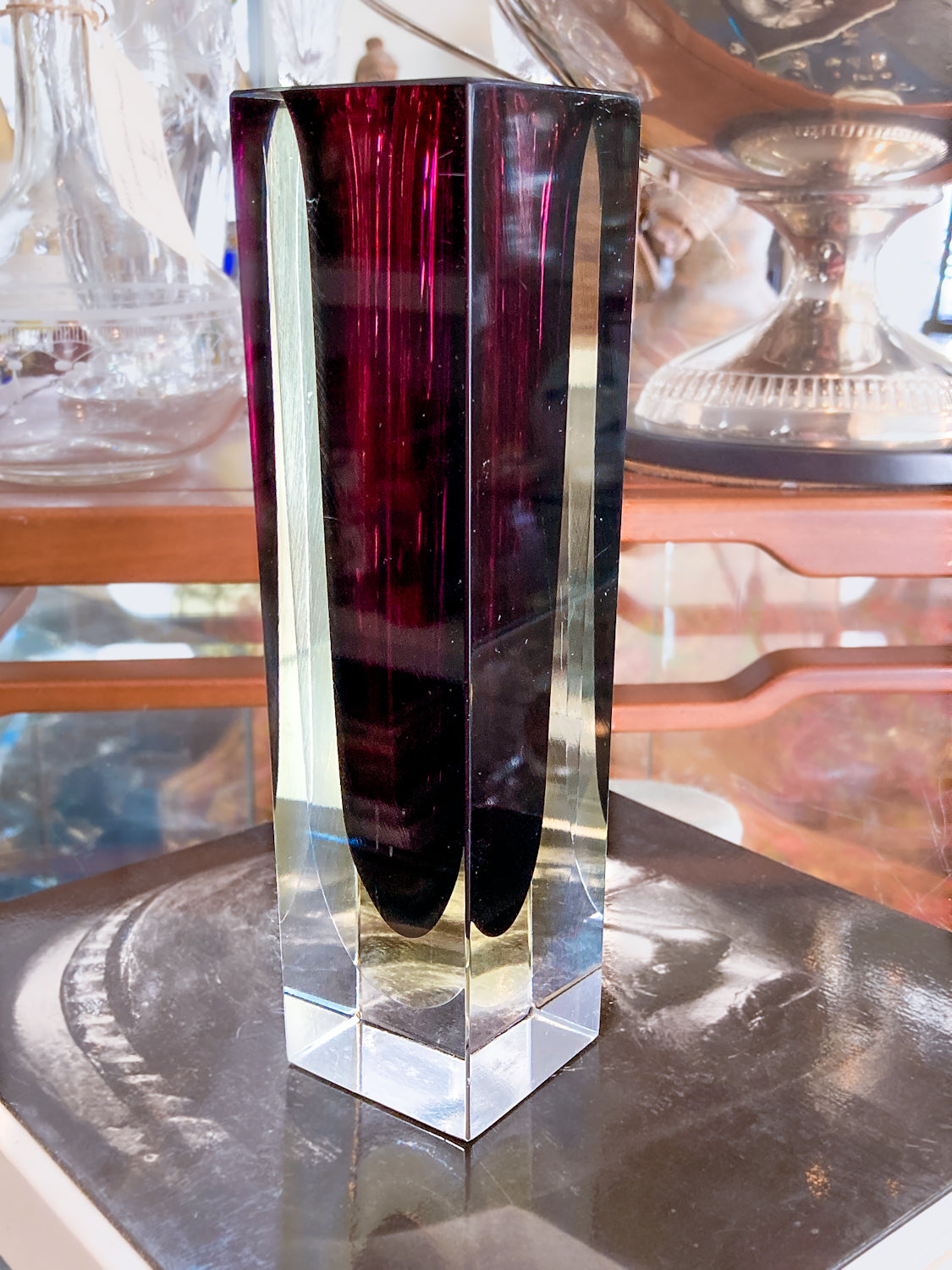 Murano Sommerso V. Nason Italian Rectangular Wine Red Glass Bud Vase