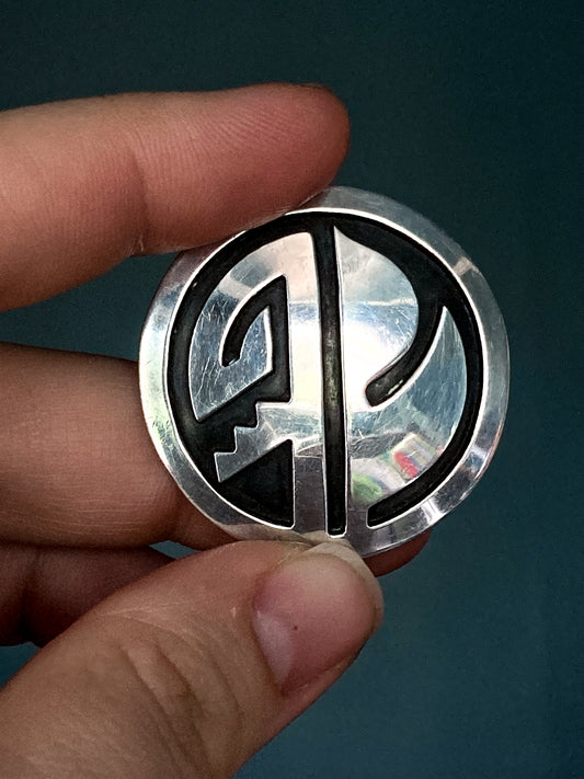 Vintage Oxidized Sterling Silver Hopi Design Circle Pendant Brooch Pin