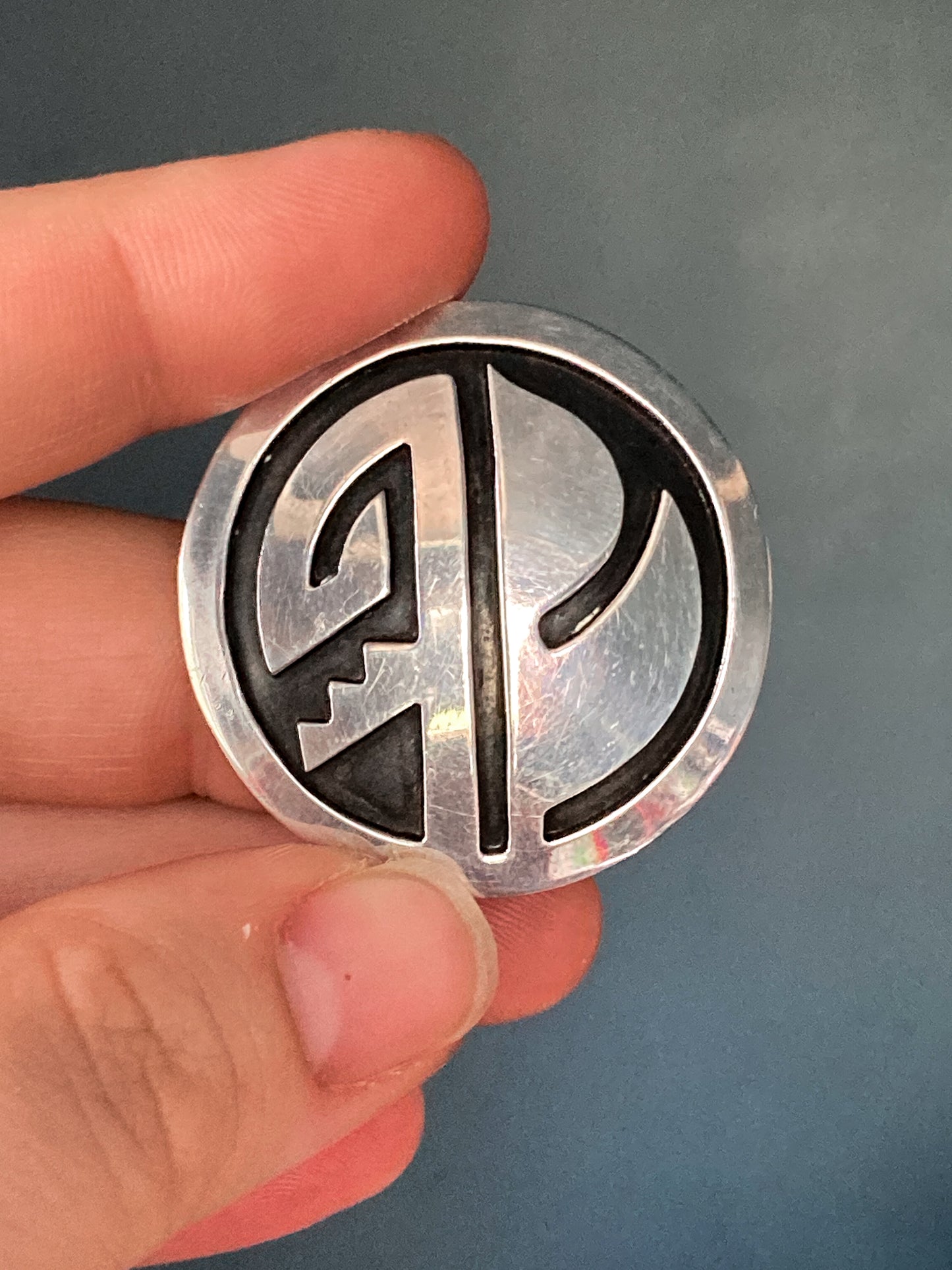 Vintage Oxidized Sterling Silver Hopi Design Circle Pendant Brooch Pin