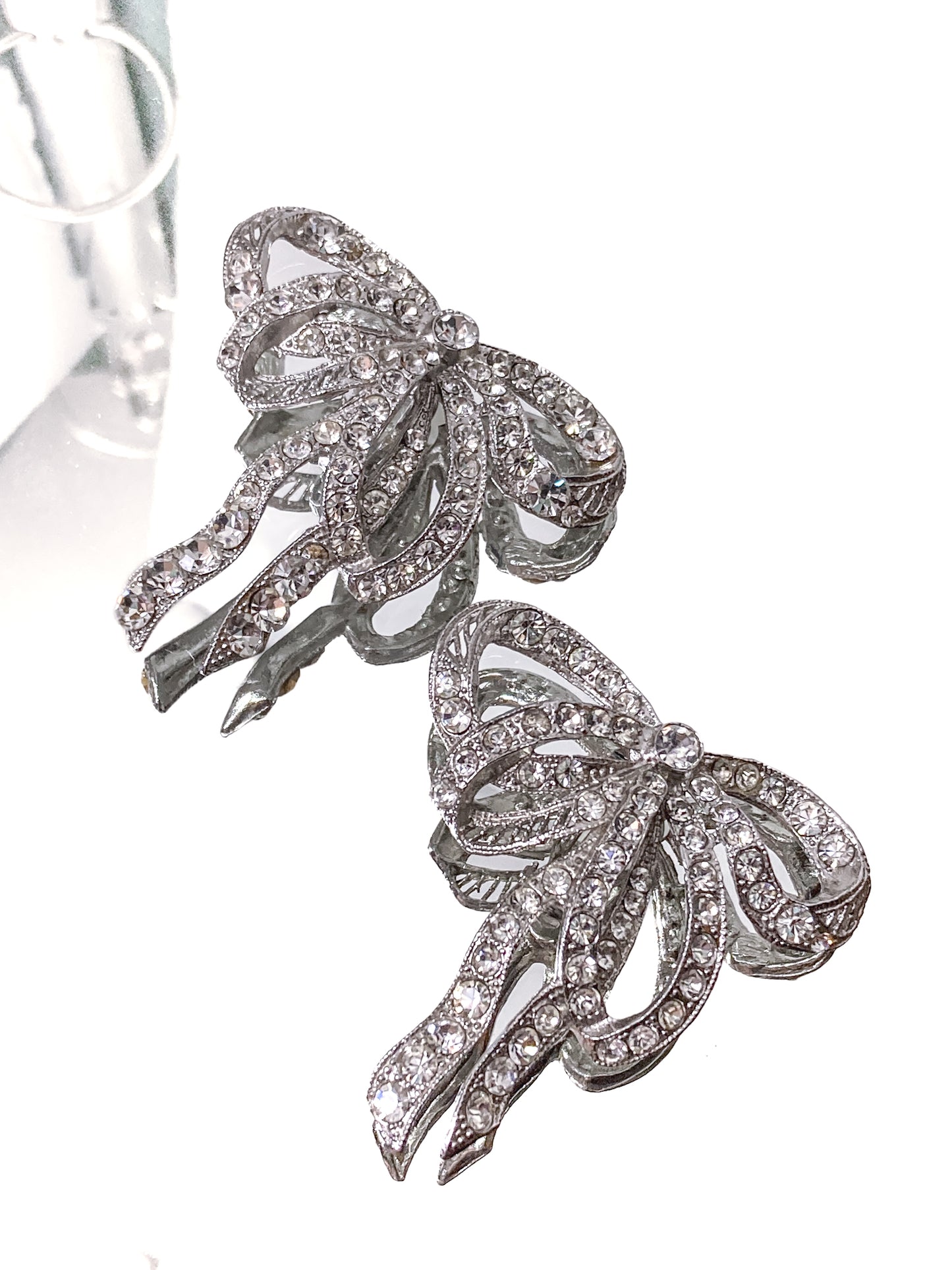 Vintage Rhodium Plated Rhinestone Double Loop Bow Statement Clip On Earrings