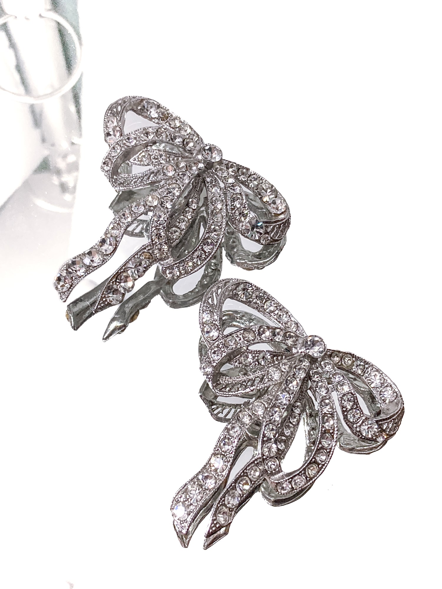 Vintage Rhodium Plated Rhinestone Double Loop Bow Statement Clip On Earrings