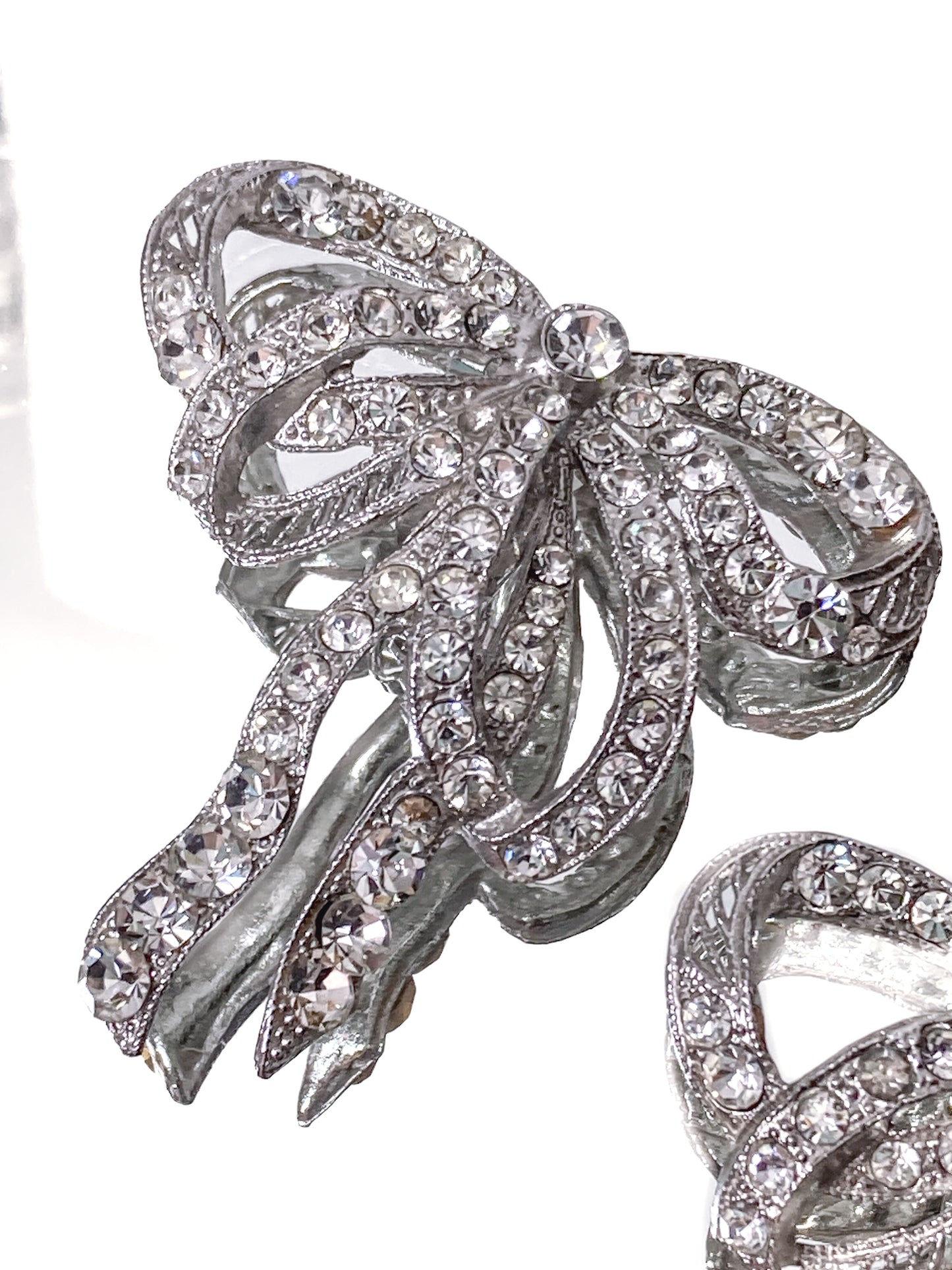 Vintage Rhodium Plated Rhinestone Double Loop Bow Statement Clip On Earrings