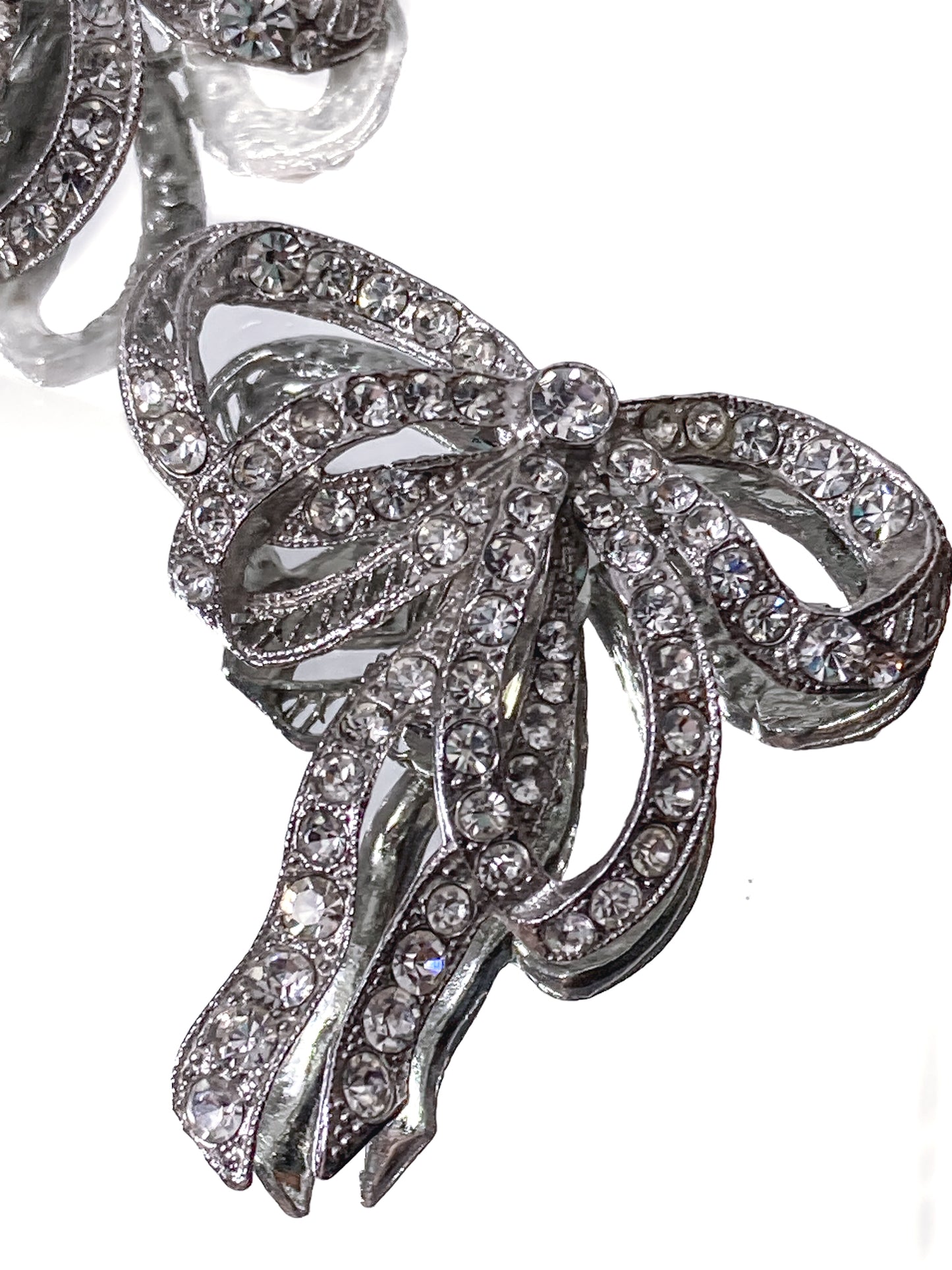 Vintage Rhodium Plated Rhinestone Double Loop Bow Statement Clip On Earrings