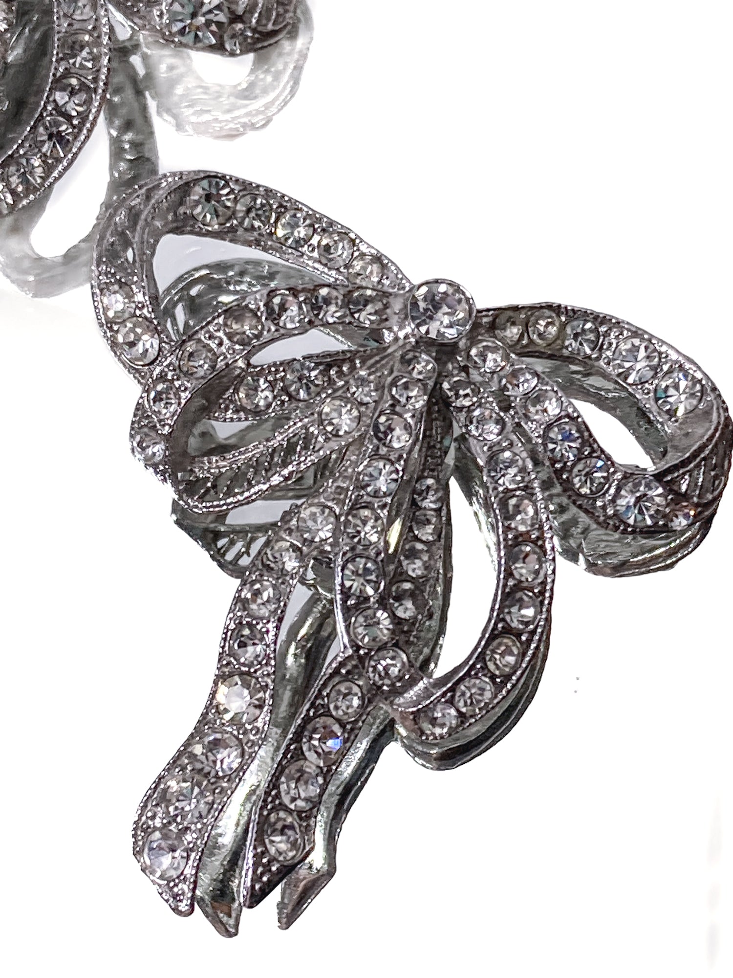 Vintage Rhodium Plated Rhinestone Double Loop Bow Statement Clip On Earrings
